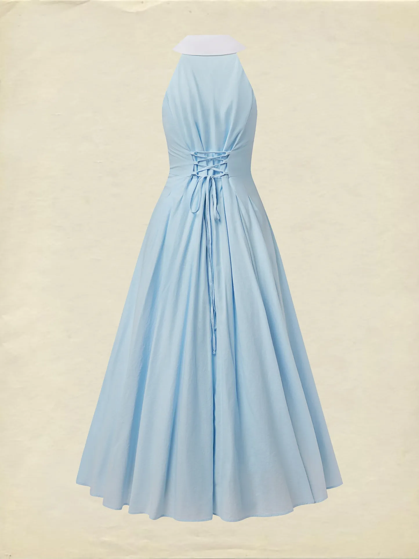 Maxi Linen Dress, Sleeveless, Shawl Collar, Plain, Button Design, Vintage, Blue - Blue