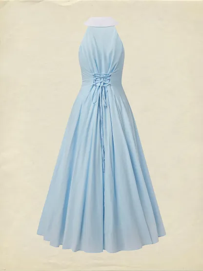 Maxi Linen Dress, Sleeveless, Shawl Collar, Plain, Button Design, Vintage, Blue - Blue