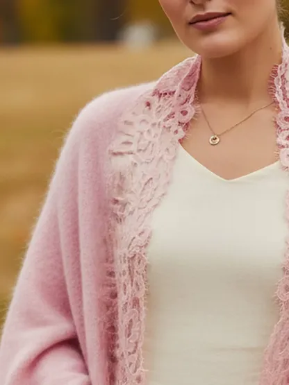 Cardigan (10% Cashmere & 90% Wool), Long Sleeves, V Neck, Plain, Lace, Vintage, Light Pink - Light Pink