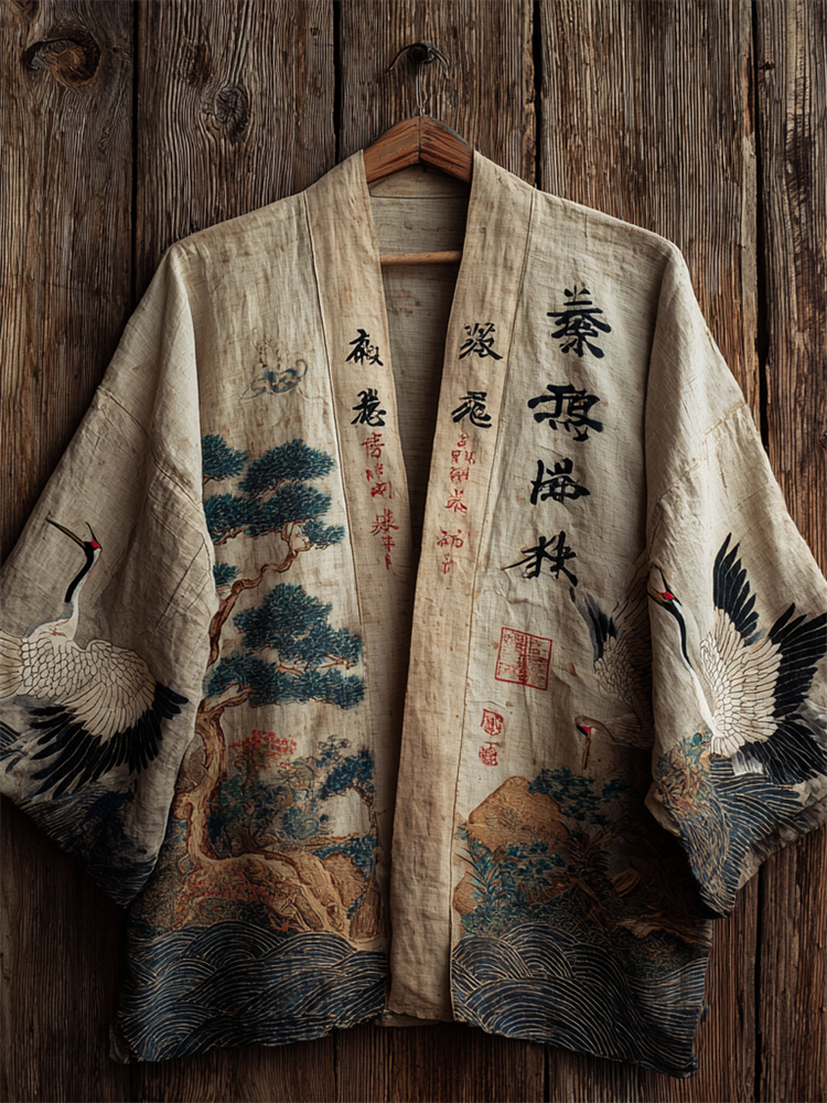 Japanese Cranes & Pine Trees Sea Waves Linen Kimono - Beige