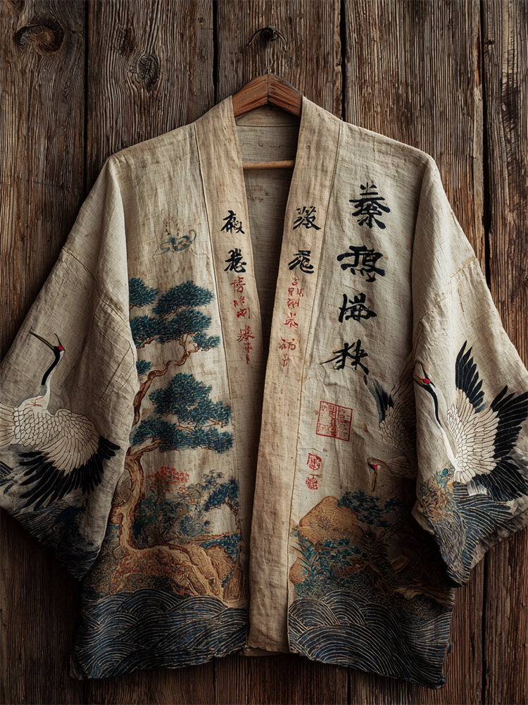 Japanese Cranes & Pine Trees Sea Waves Linen Kimono - Beige
