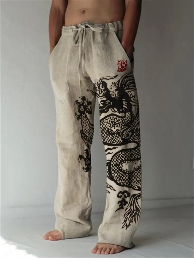 Ancient Dragon Japanese Lino Art Linen Blend Casual Pants - Khaki