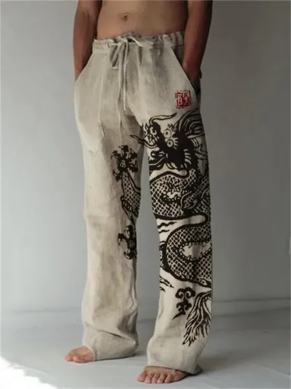 Ancient Dragon Japanese Lino Art Linen Blend Casual Pants - Khaki