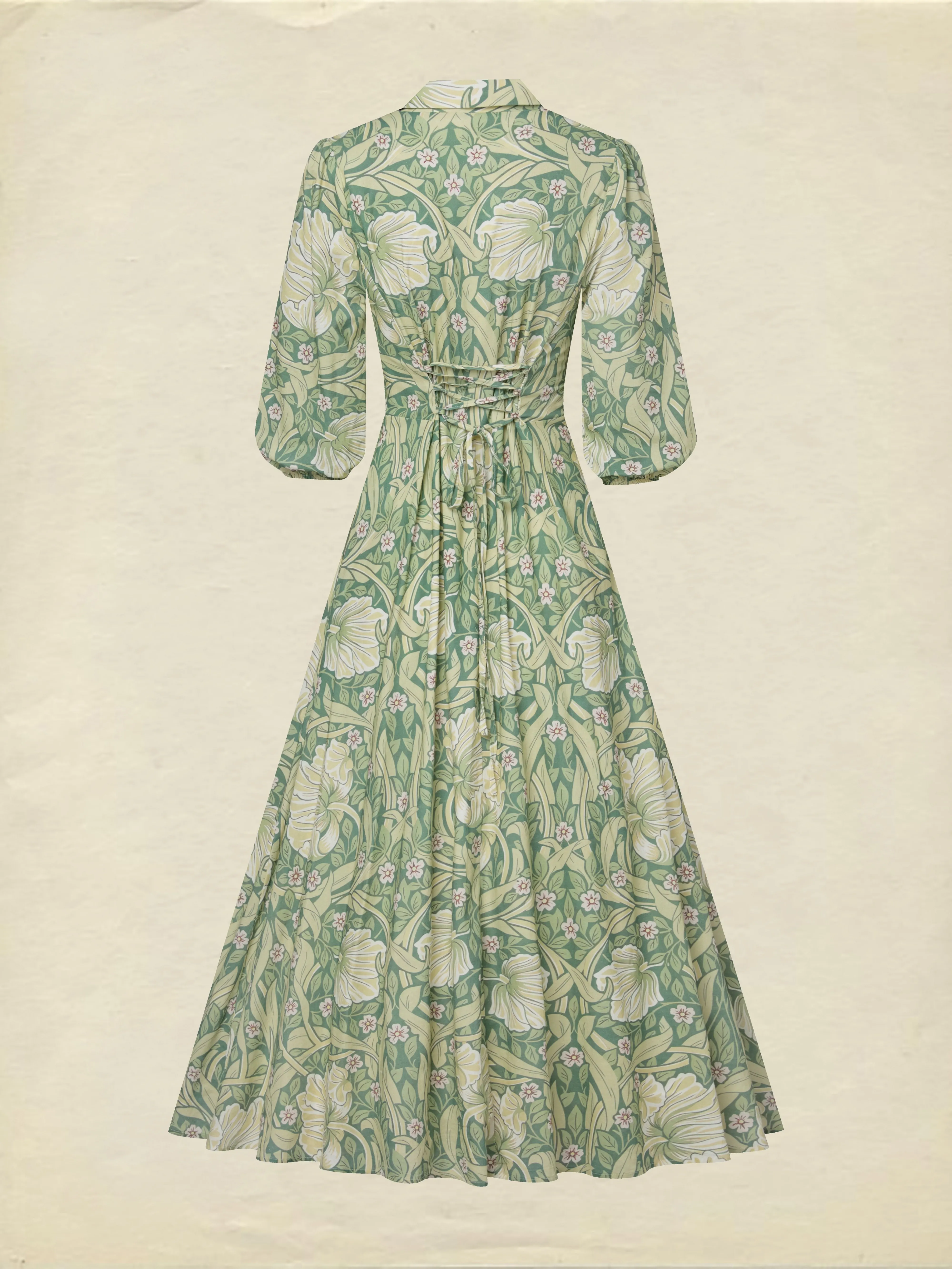 Maxi Linen Dress, Half Sleeve, Lapel Collar, Paisley, Button Design, Vacation, Vintage, Green - Green