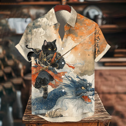 Men's Black Cat Samurai And Dragon Japanese Style Art Print Casual Shirt - Beige