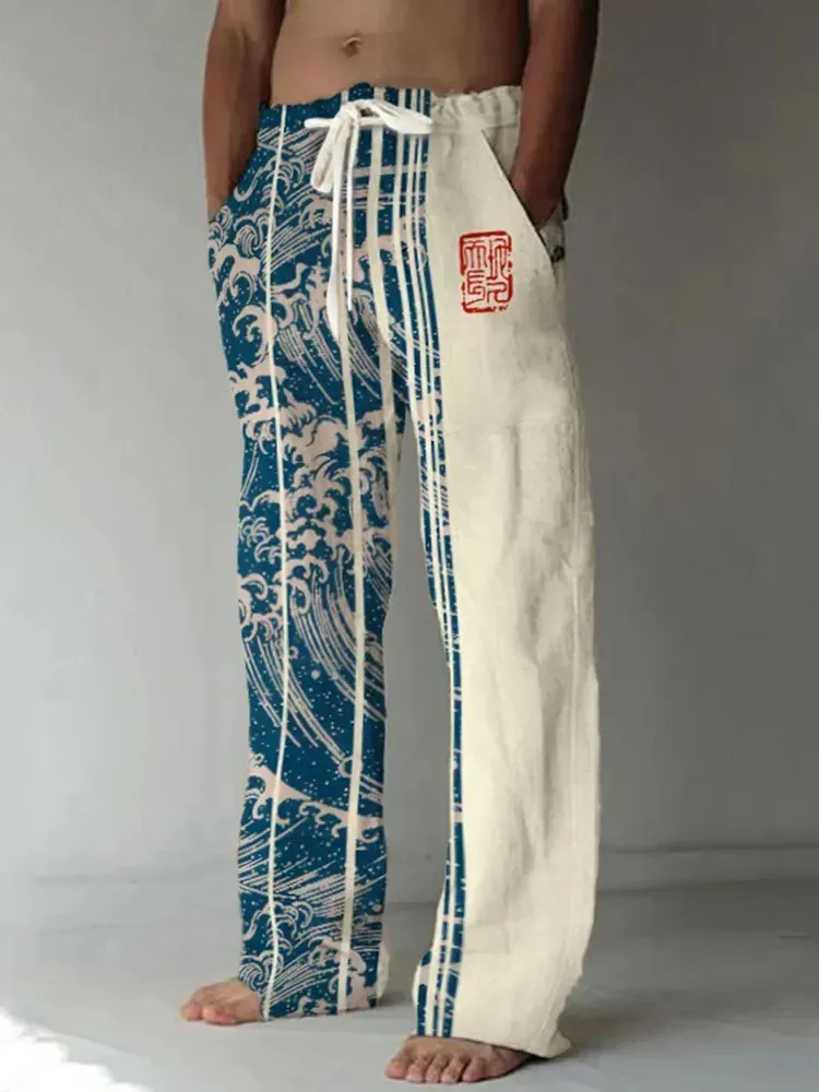 Men's Wave Art Print Casual Pants - Blue