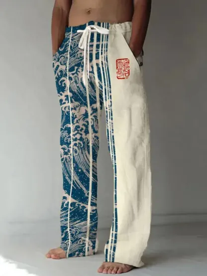 Men's Wave Art Print Casual Pants - Blue