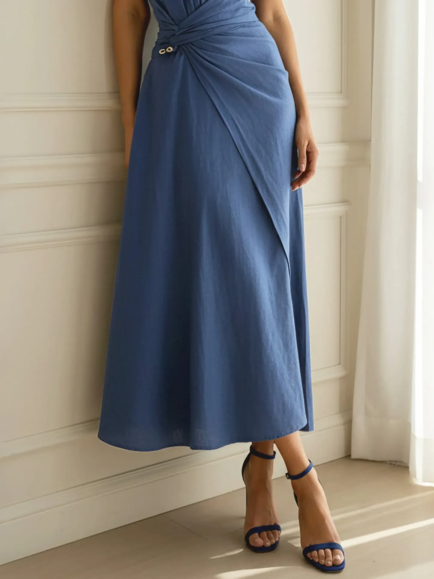 Midi Linen Dress, Cap Sleeves, Round Neck, Plain, French Vintage, Deep Blue - Deep Blue