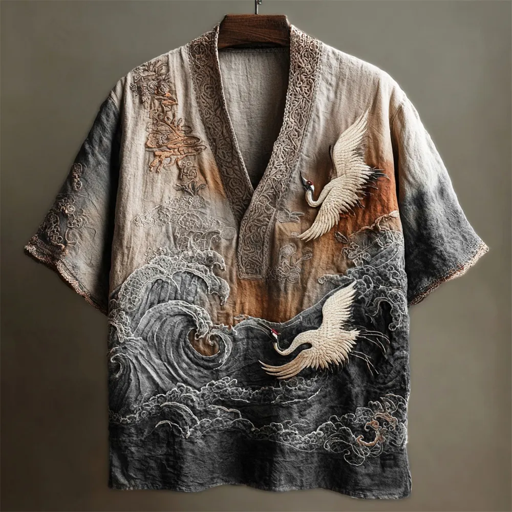 Japanese Embossed Crane Art Men's Linen V-neck Shirt - Black