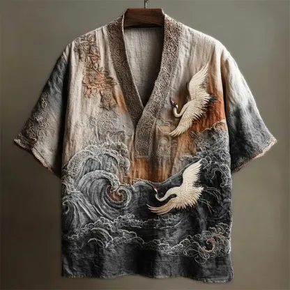 Japanese Embossed Crane Art Men's Linen V-neck Shirt - Black