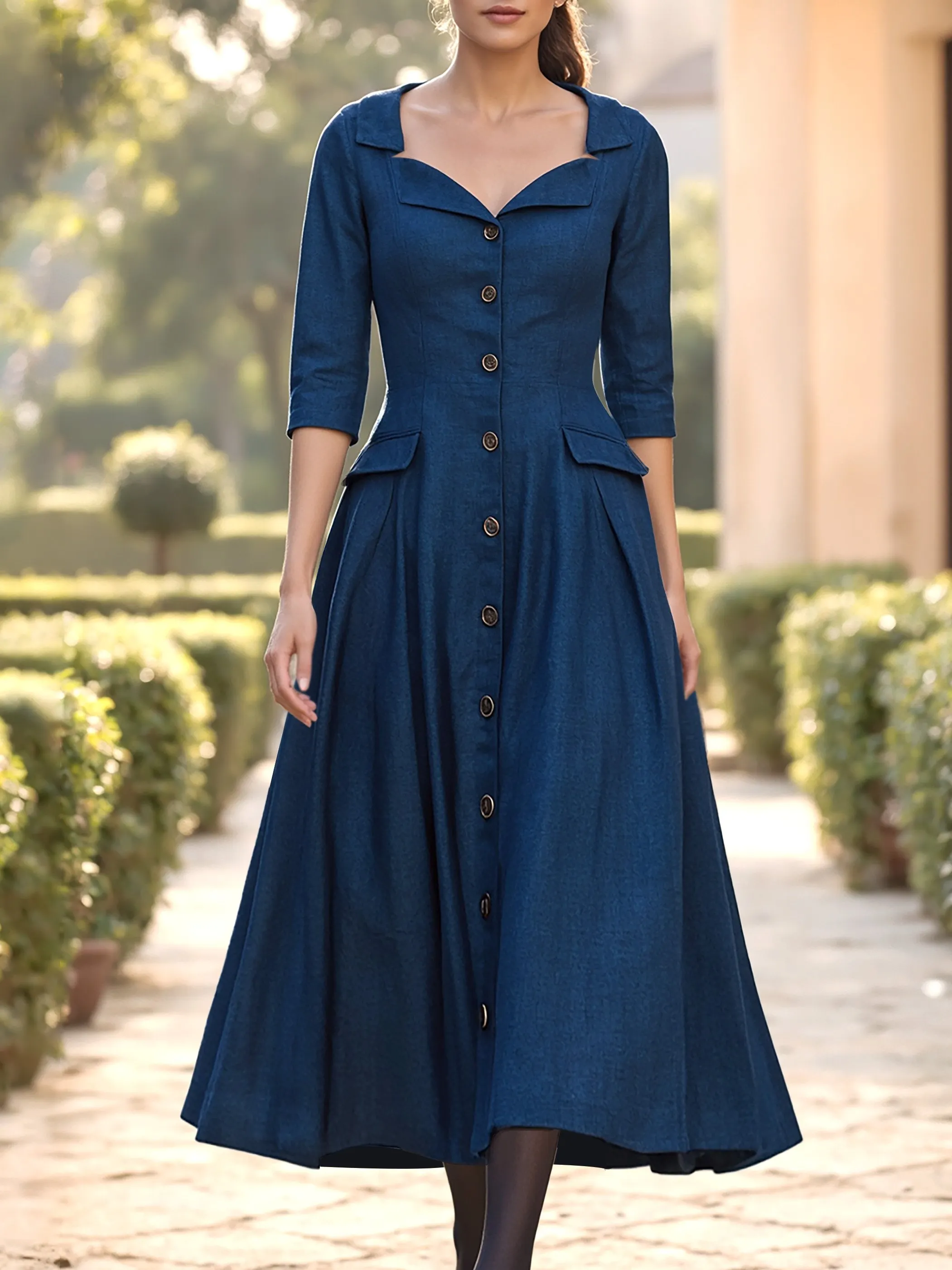 Midi Linen Dress, Half Sleeve, Shawl Collar, Plain, Button Design, Vintage, Dark Blue - Dark_blue