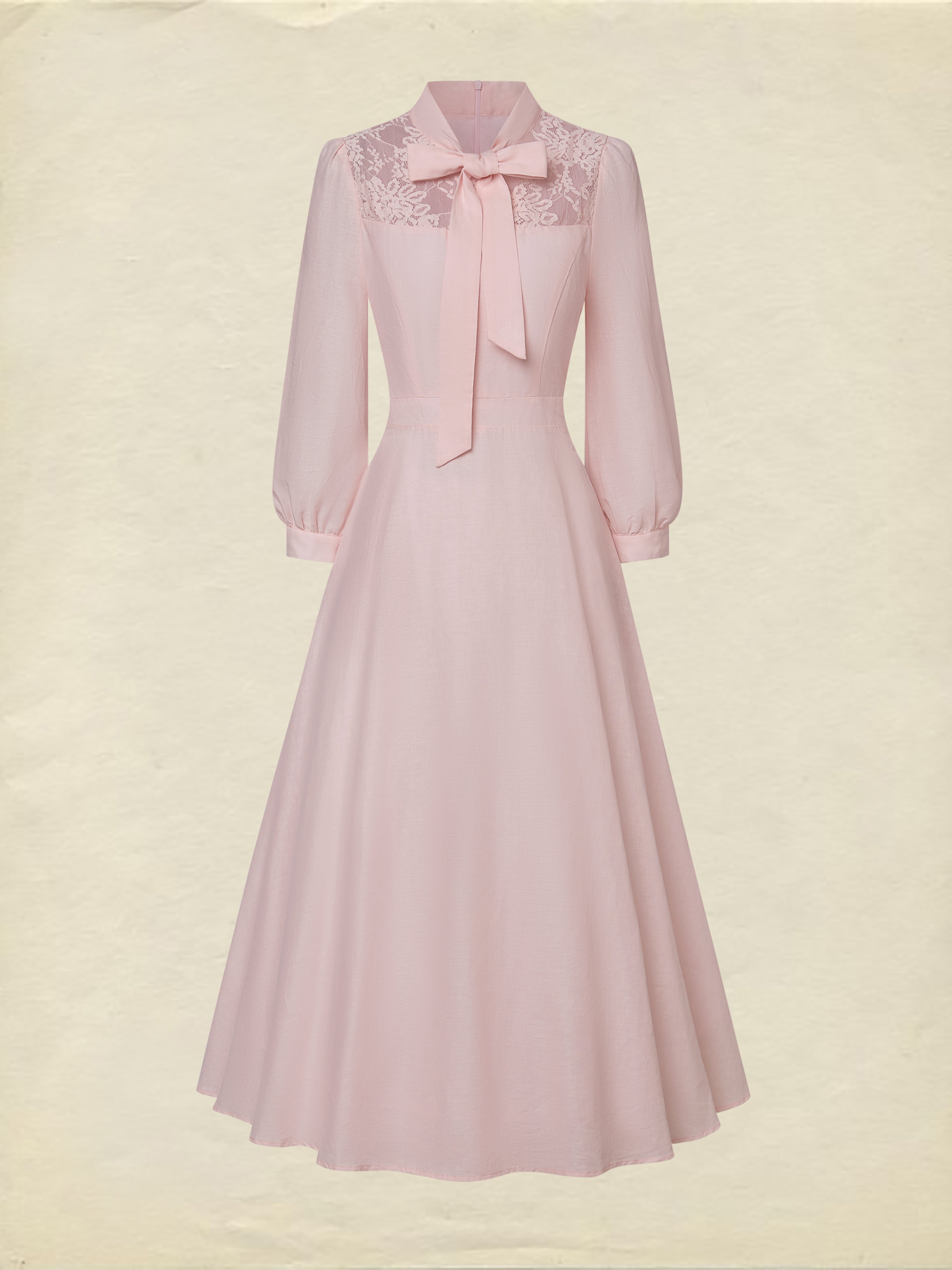 Midi Linen Dress, Half Sleeve, Plain, Lace, French Vintage, Pink - Pink
