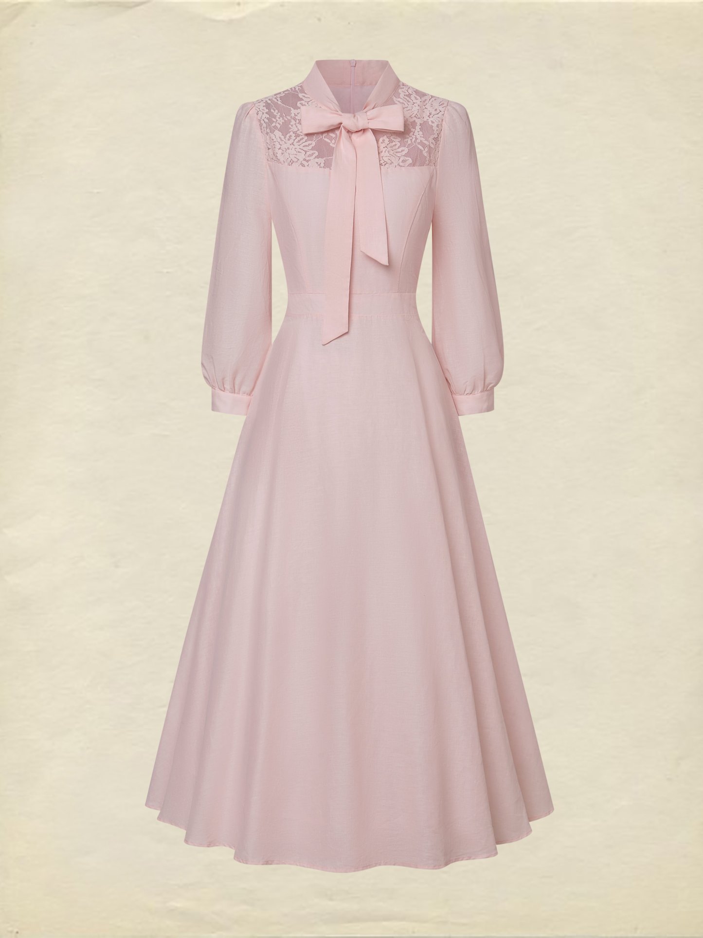 Midi Linen Dress, Half Sleeve, Plain, Lace, French Vintage, Pink - Pink