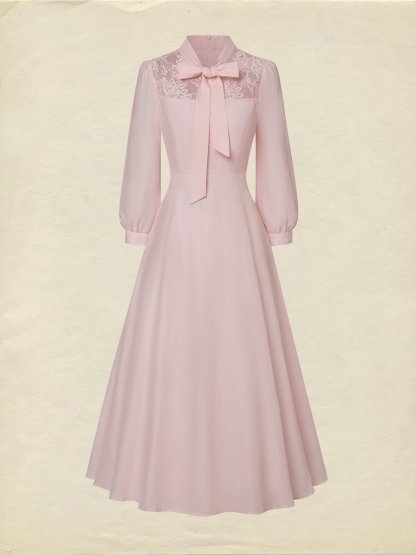Midi Linen Dress, Half Sleeve, Plain, Lace, French Vintage, Pink - Pink