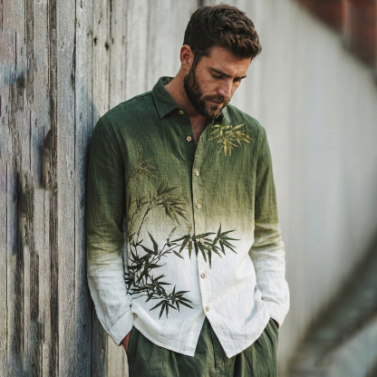 Men's Japanese-style Bamboo Gradient Art Casual Linen Shirt - Green white