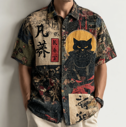 Japanese Art Taste Cat Men Cotton And Linen Short Sleeve Shirt - Khaki