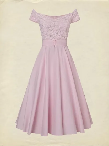 Midi Cotton Dress, Sleeveless, Off The Shoulder, Plain, Lace, French Vintage, Pink - Pink