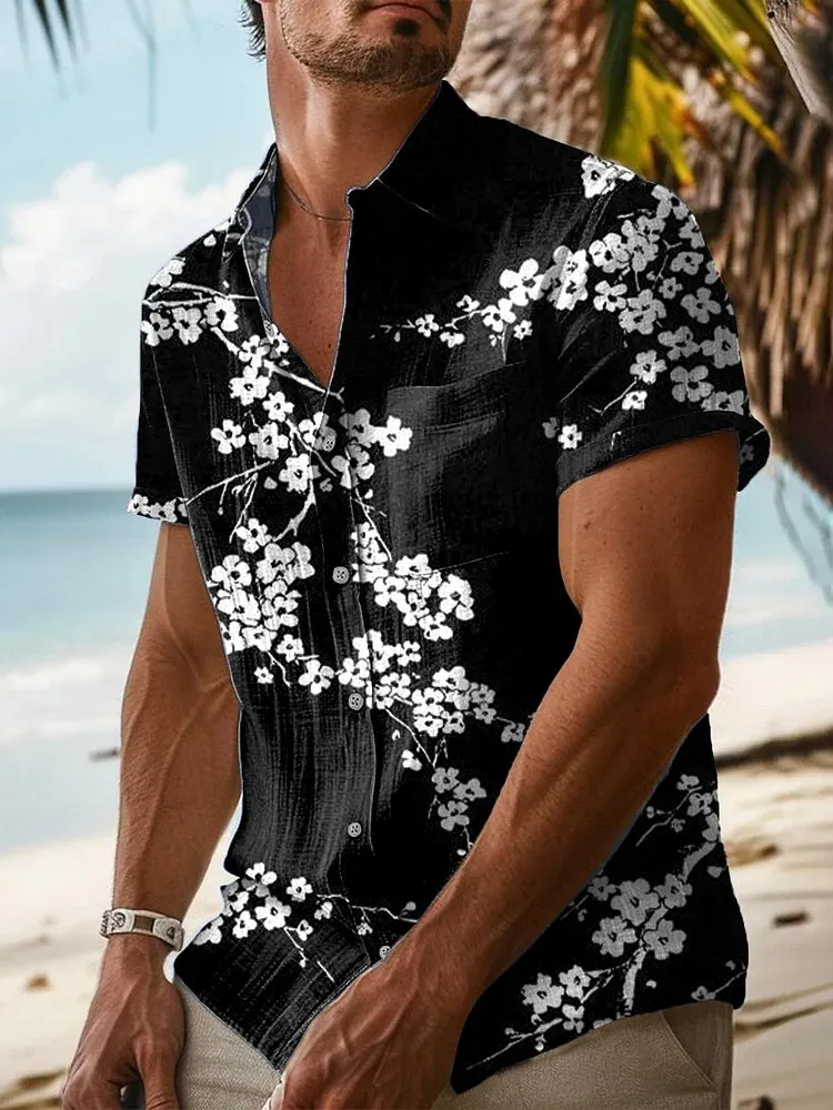 Men's Cherry Blossom Art Print Casual Button-down Shirt - Black