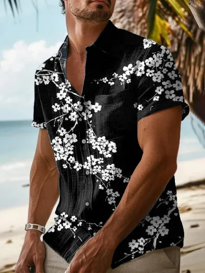 Men's Cherry Blossom Art Print Casual Button-down Shirt - Black
