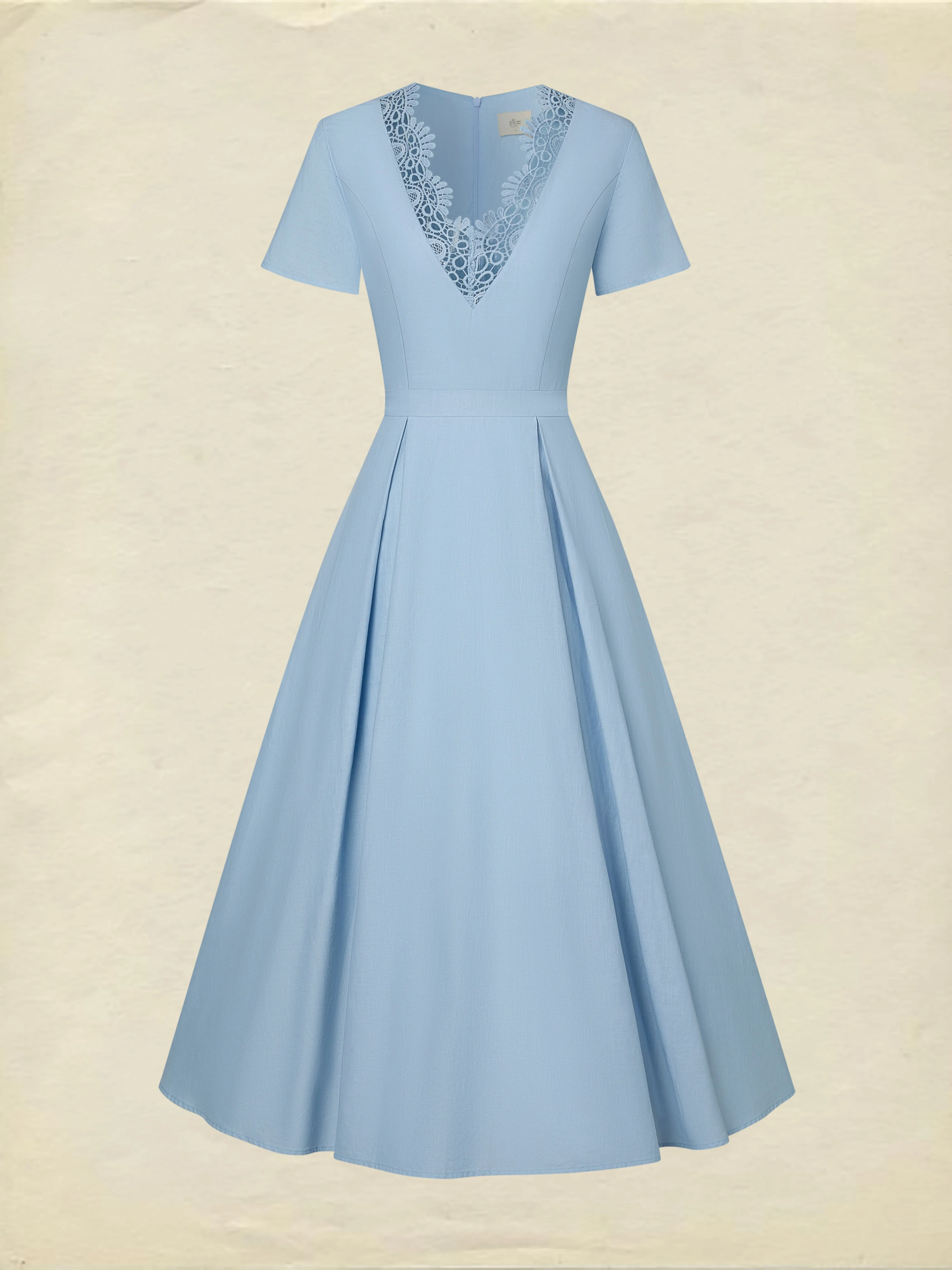 Maxi Linen Dress, Short Sleeves, V Neck, Plain, Lace, Vintage, Blue - Blue
