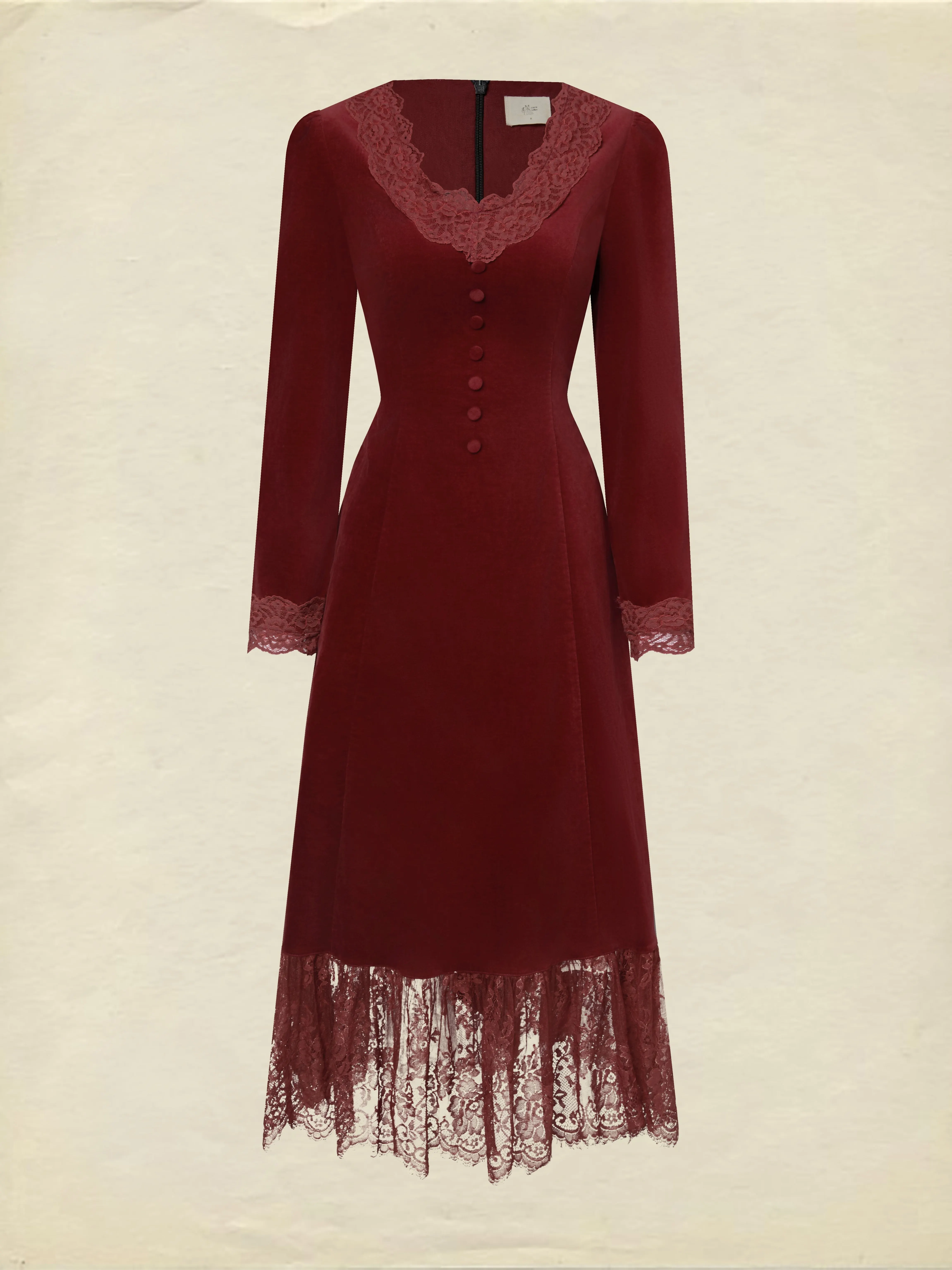 Midi Cotton Dress, Long Sleeves, Scoop Neck, Plain, Lace, Vintage, Red - Red