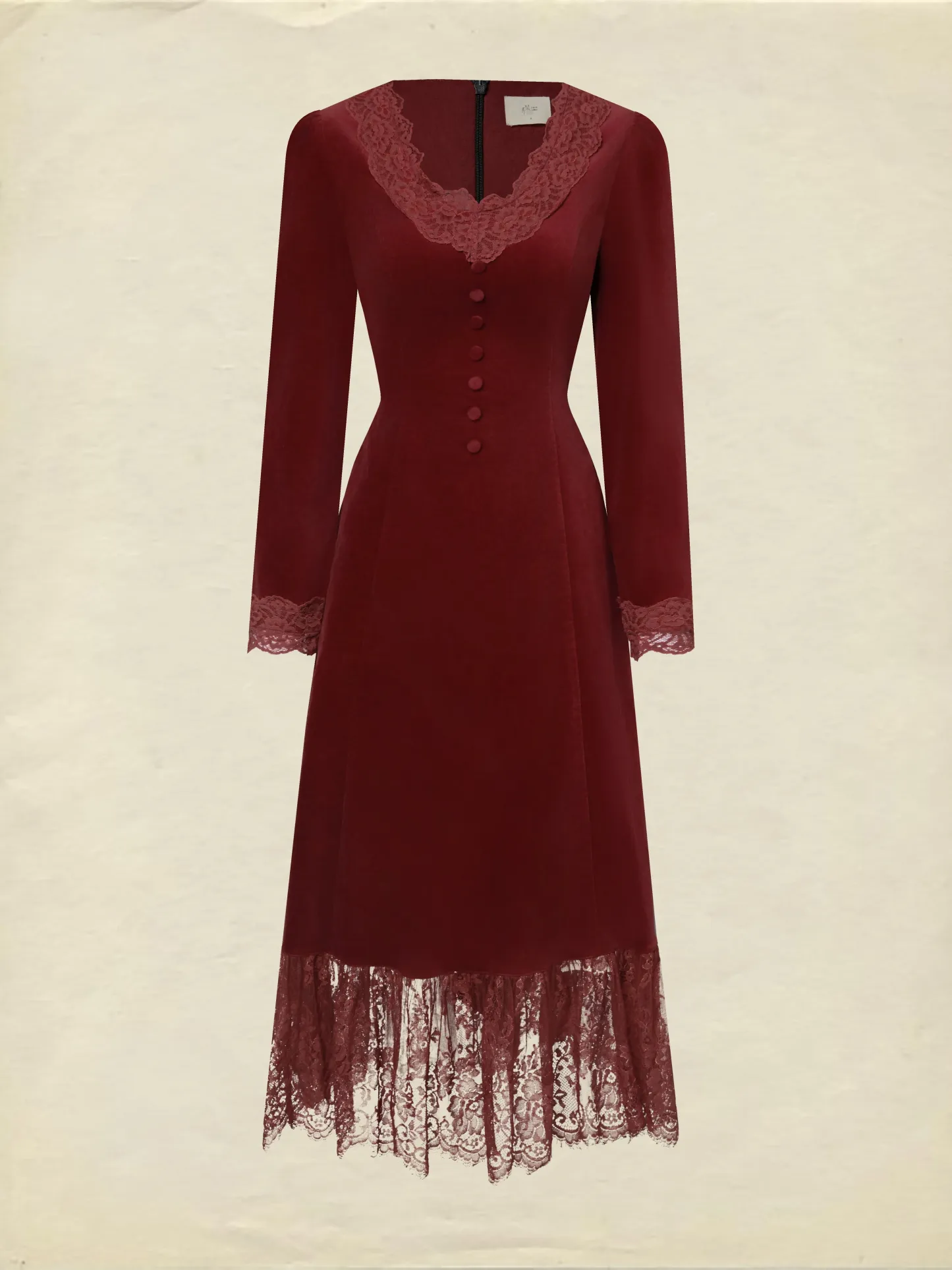 Midi Cotton Dress, Long Sleeves, Scoop Neck, Plain, Lace, Vintage, Red - Red