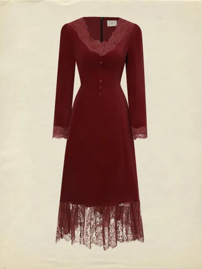 Midi Cotton Dress, Long Sleeves, Scoop Neck, Plain, Lace, Vintage, Red - Red