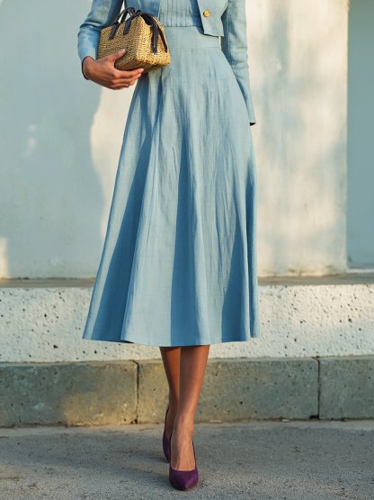 Midi Cotton Dress Set, Long Sleeves, Round Neck, Plain, Button Design, French Vintage, Blue - Blue