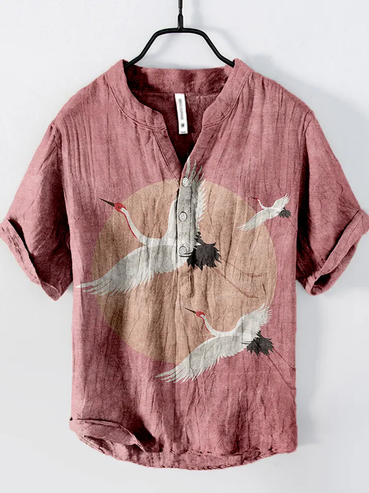 Flying Cranes Japanese Art Pattern Linen Blend Shirt - Watermelon red