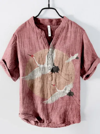 Flying Cranes Japanese Art Pattern Linen Blend Shirt - Watermelon red