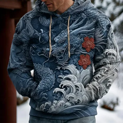 Japanese Dragon & Ocean Art Men's Hooded Sweatshirt - Blue