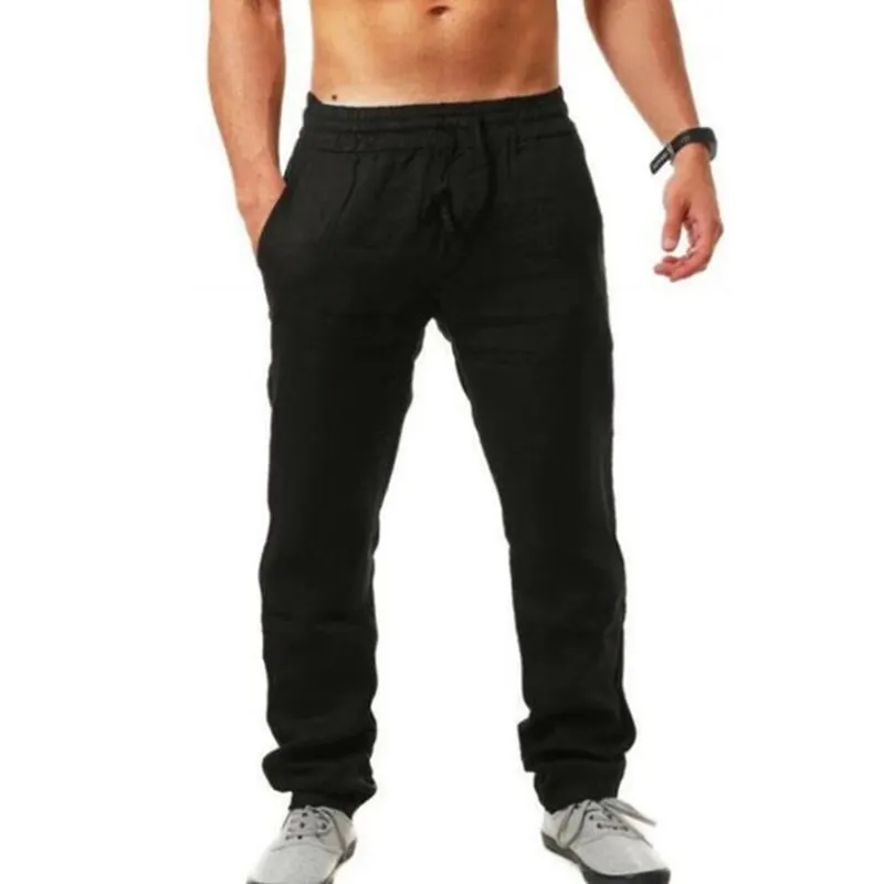 Men'S Vintage Drawstring Casual Cotton Linen Pants - Black