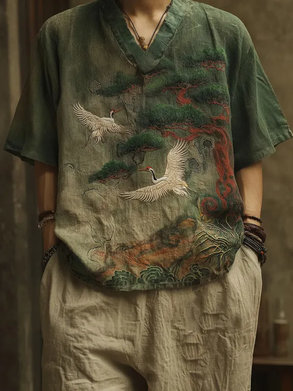 Men's Japanese Cranes & Pine Tree Embroidery Casual V Neck Shirt - Green