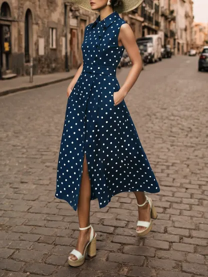 Midi Cotton Dress , Sleeveless, Shawl Collar, Polka Dots, Button Design, French Vintage, Coffee - Coffee