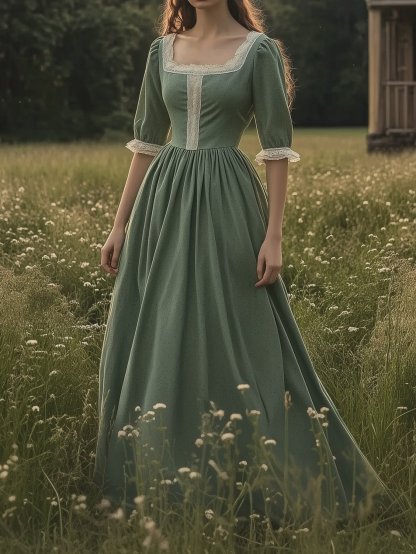 Maxi Linen Dress, 3/4 Sleeves, Square Neck, Lace Up, Linen Blend, Green - Green