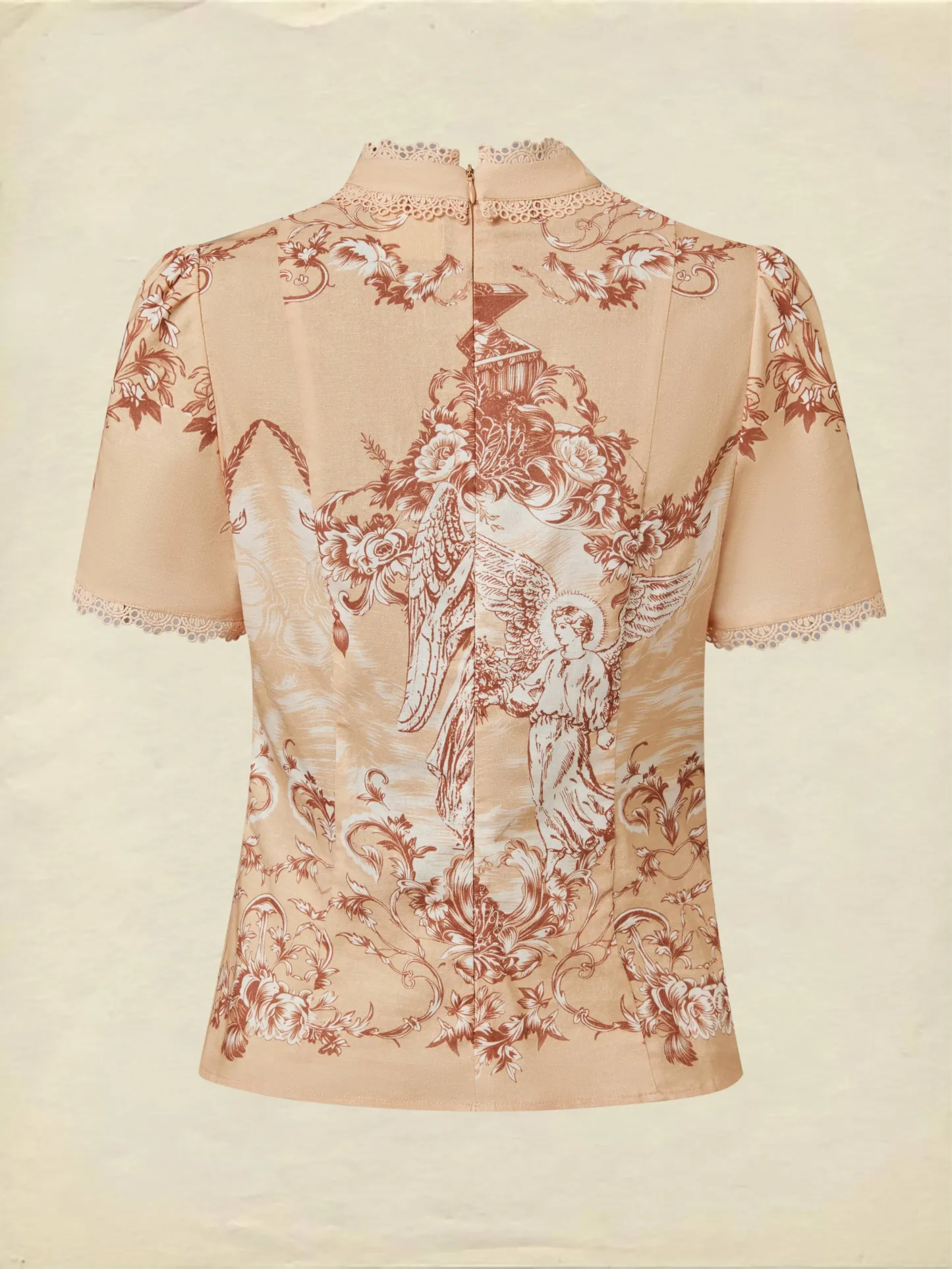 Cotton Shirt, Short Sleeves, Stand Collar, Angel, Lace, Vintage, Caramel - Caramel