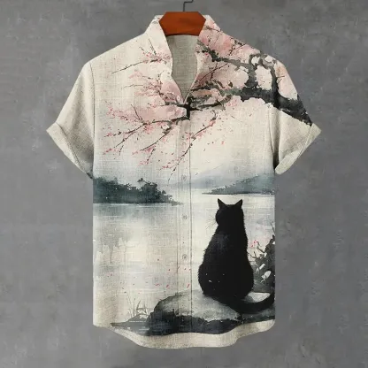 Men's Cherry Blossom Black Cat Japanese Style Print Short Sleeve Shirt - Beige