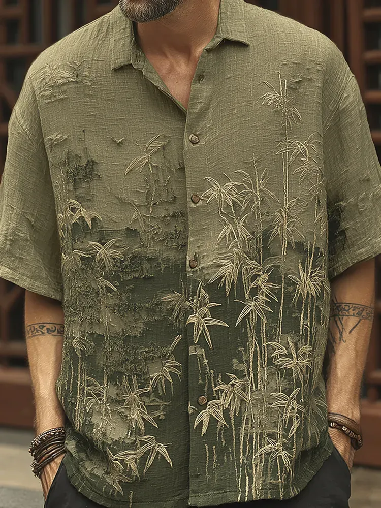 Men's Vintage Bamboo Embroidery Short Sleeve Linen Blend Shirt - Army Green