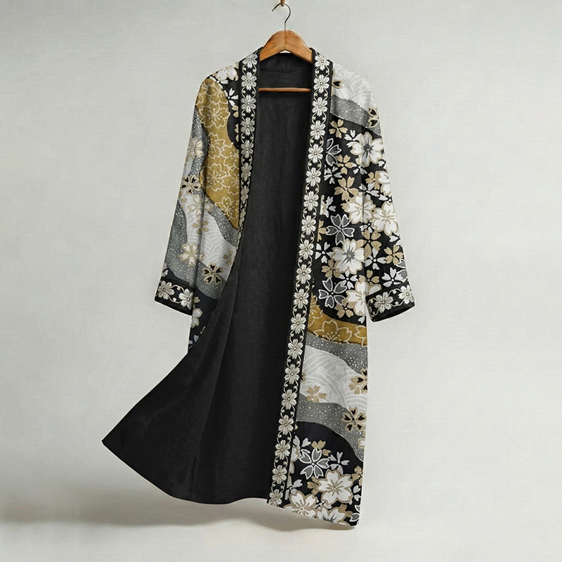 Men's Retro Floral Art Print Linen Long Kimono - Black