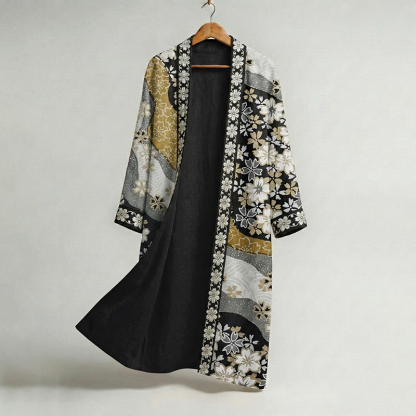 Men's Retro Floral Art Print Linen Long Kimono - Black