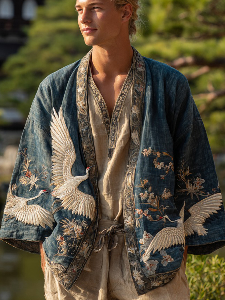 Japanese Cranes With Floral Art Linen Blend Kimono Cardigan - Lake blue