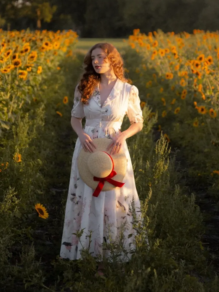 Linen Maxi Dress, Balloon Sleeve, Shawl Collar, Floral, Vintage, White - White