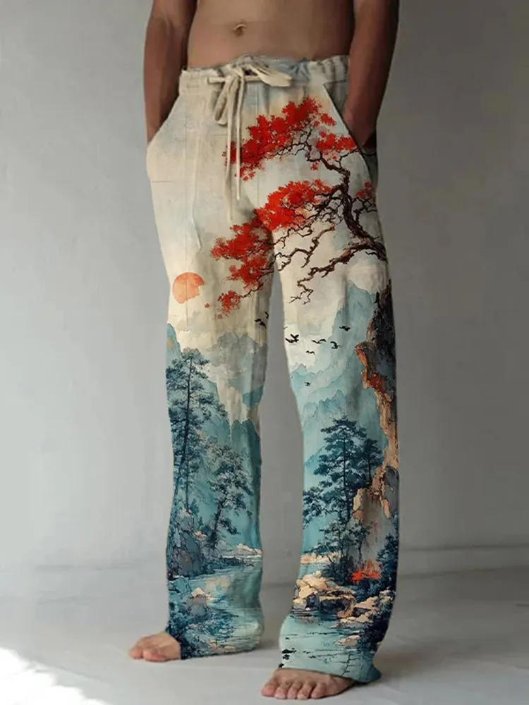Men's Natural Scenery Sunrise And Sunset Watercolor Art Print Casual Pants - Beige