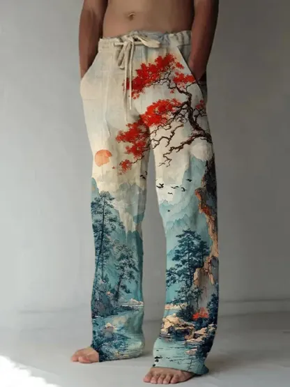 Men's Natural Scenery Sunrise And Sunset Watercolor Art Print Casual Pants - Beige