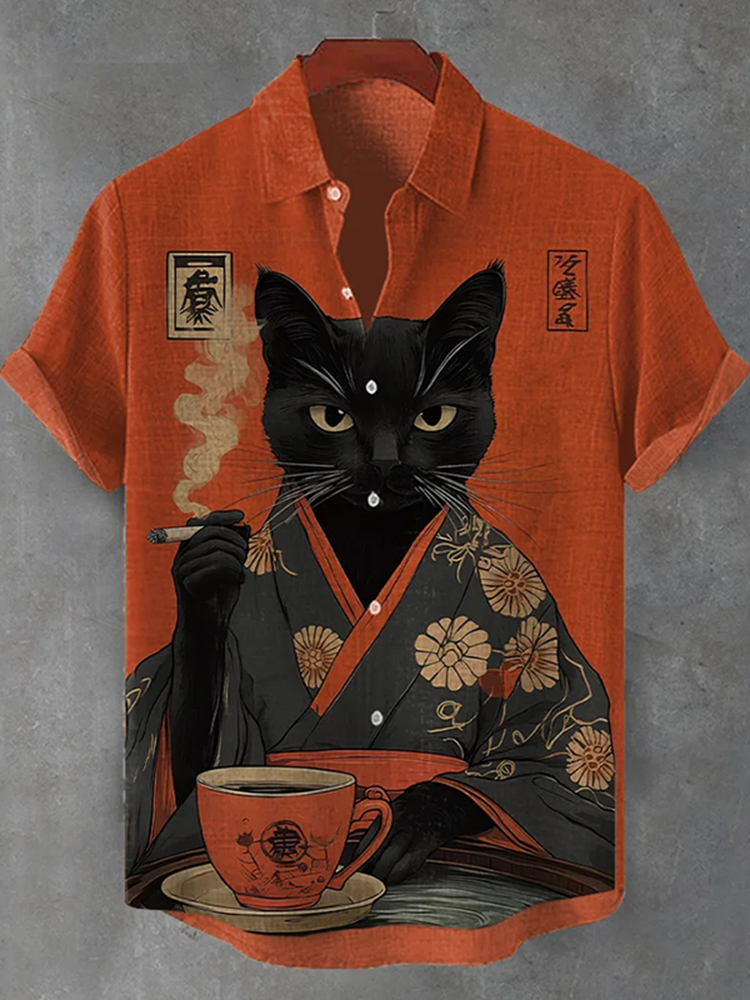 Men's Retro Black Cat Cigarette Japanese Illustration Print Short Sleeve Shirt - Red