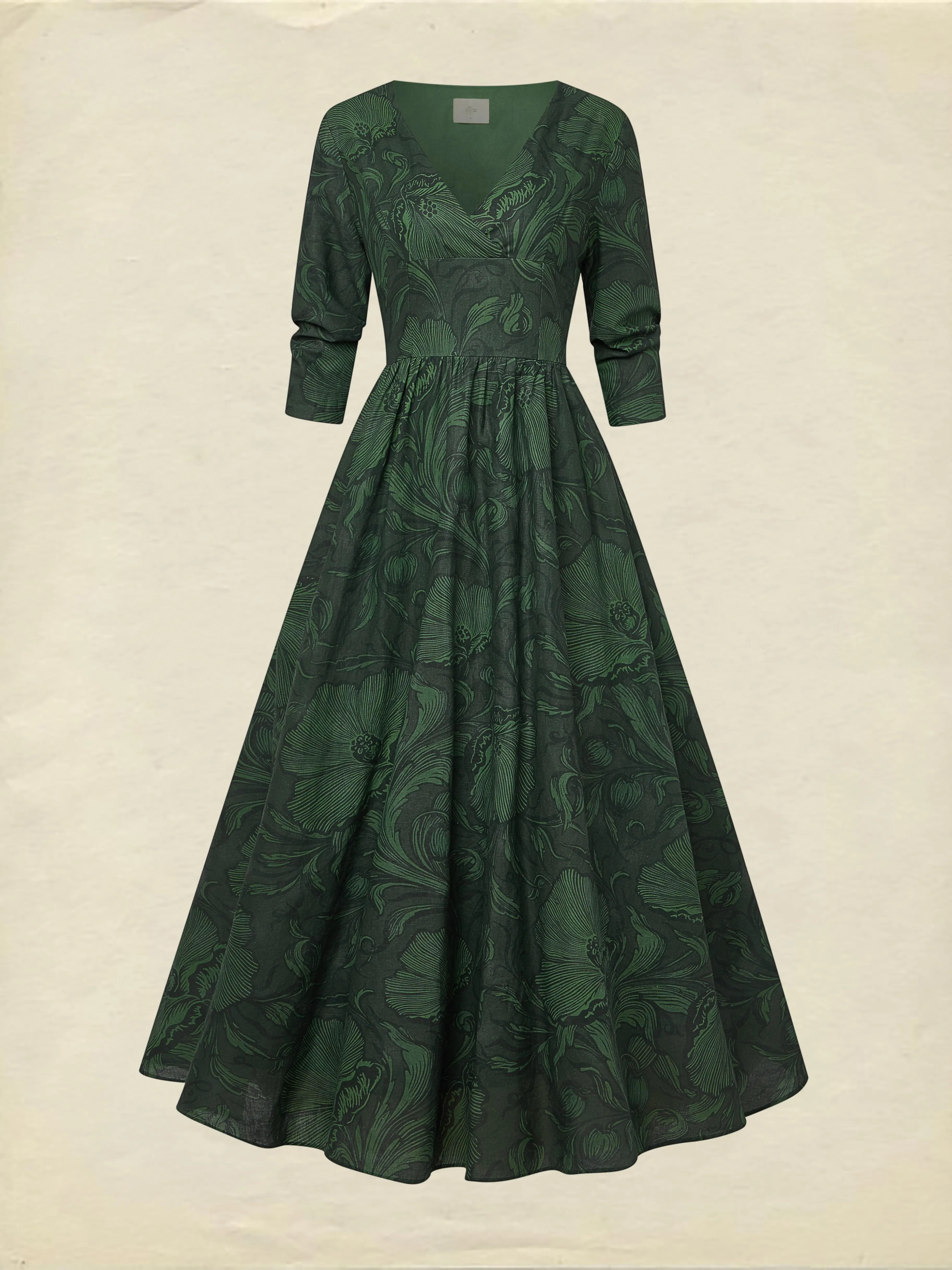 Maxi Linen Dress, Half Sleeve, V Neck, Floral, Vacation, Vintage, Deep Green - Deep Green
