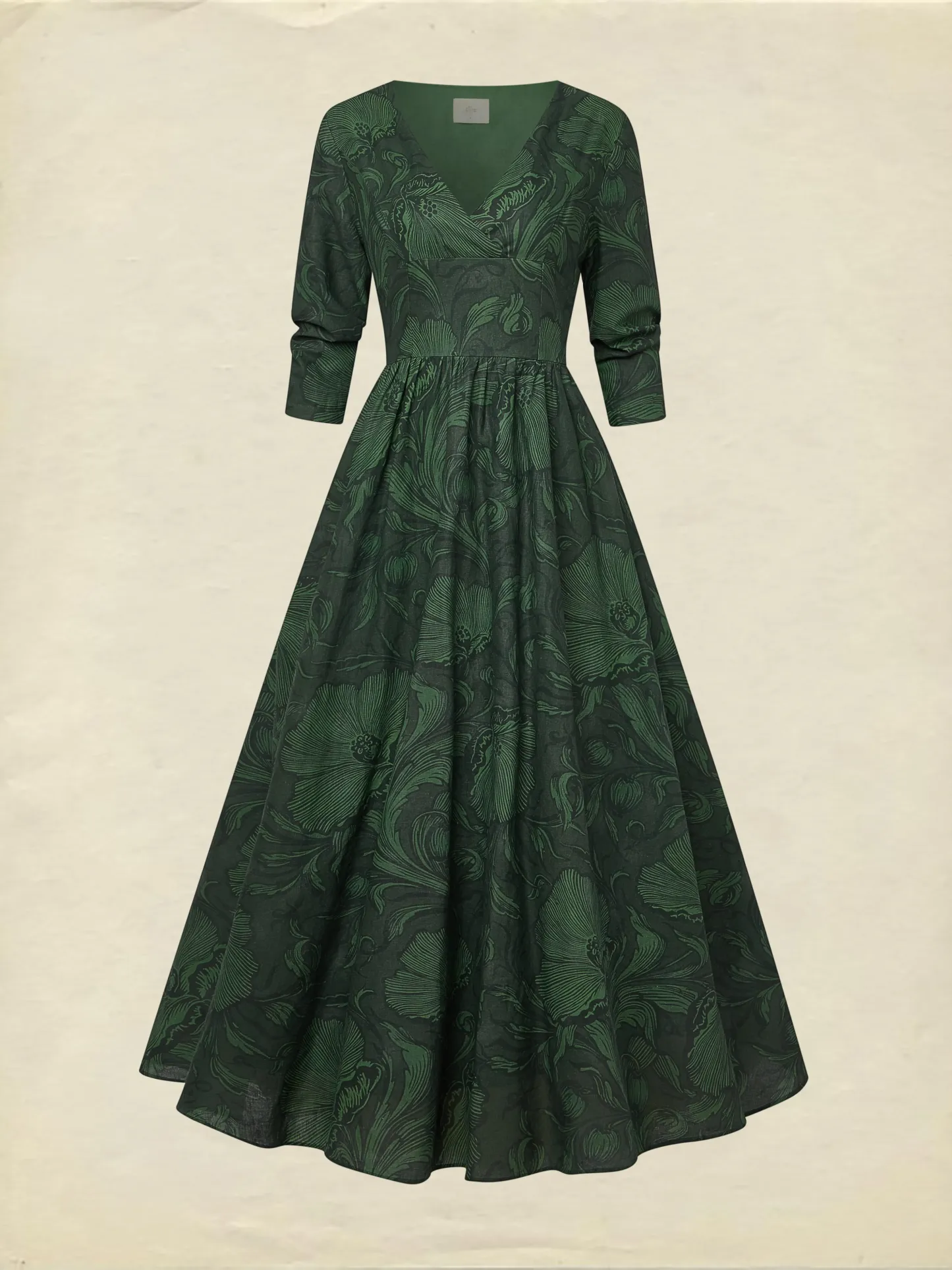 Maxi Linen Dress, Half Sleeve, V Neck, Floral, Vacation, Vintage, Deep Green - Deep Green