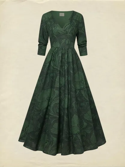Maxi Linen Dress, Half Sleeve, V Neck, Floral, Vacation, Vintage, Deep Green - Deep Green