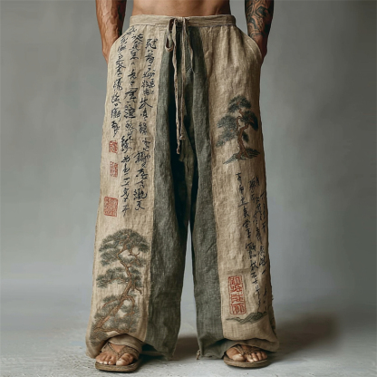 Men's Japanese Pine Trees Calligraphy Contrast Linen Pants - Beige