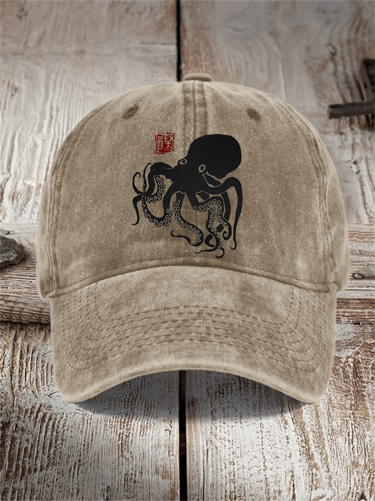 Octopus Japanese Lino Art Washed Cap - Black